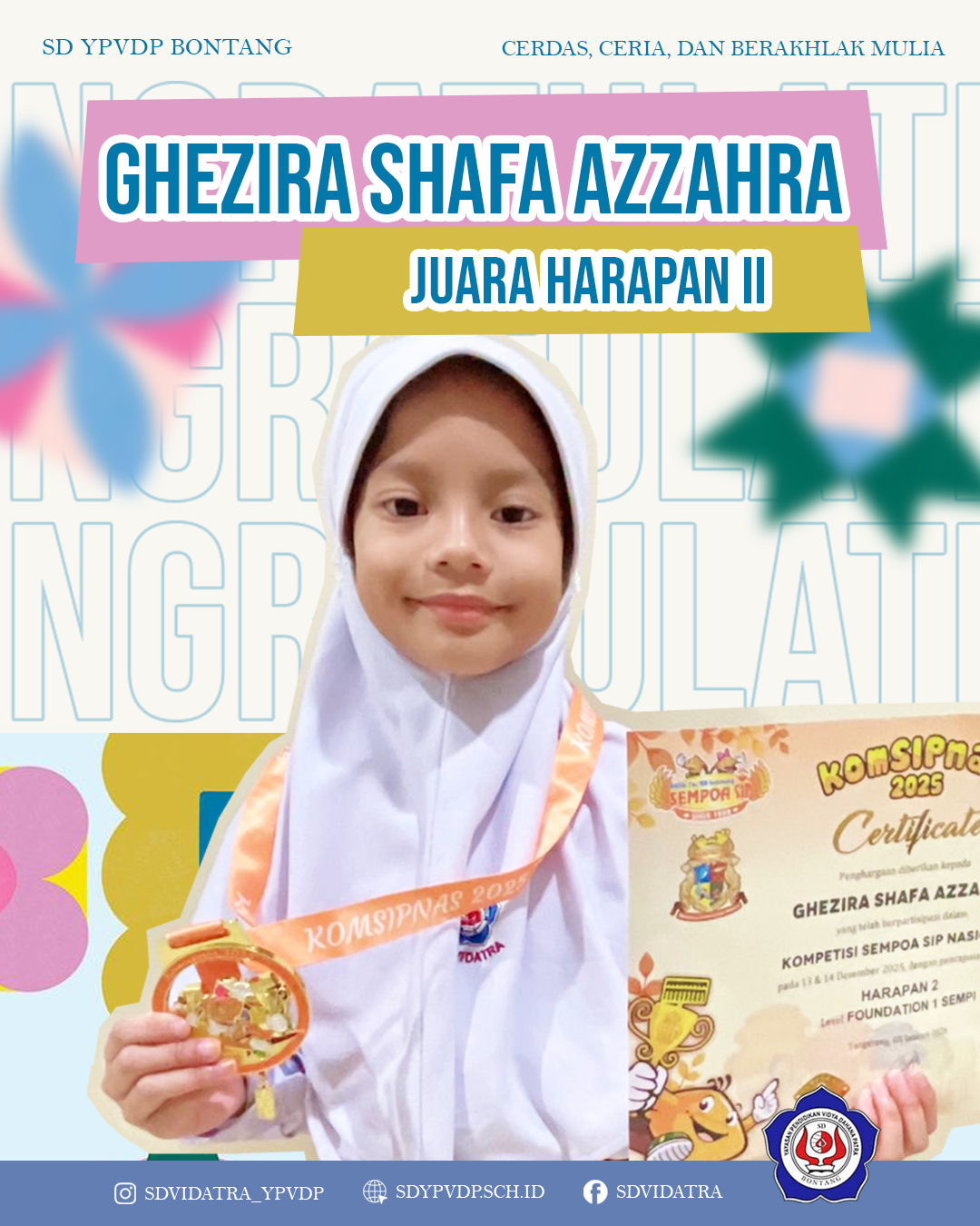 Ghezira Shafa Azzahra berhasil meraih Juara Harapan 2 kategori Foundation 1 dalam ajang Kompetisi Sempoa SIP Nasional (KOMSIPNAS) 2025